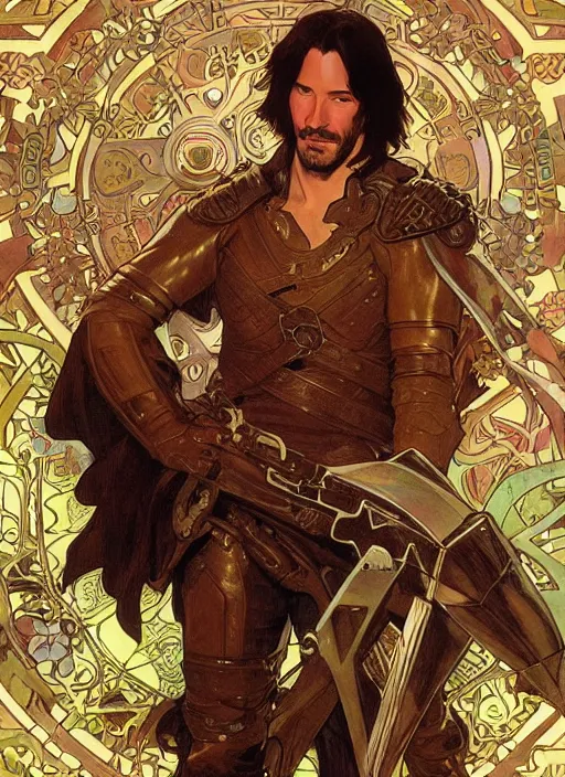 Image similar to keanu reeves in the slumps holding crossbow brown skin golden hair brown leather armor high fantasy dnd smooth sharp focus illustration by rossdraws, alphonse mucha frank fanzzeta