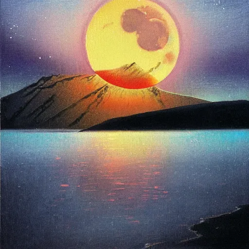 Image similar to a moonlit lake. by yoshitaka amano.