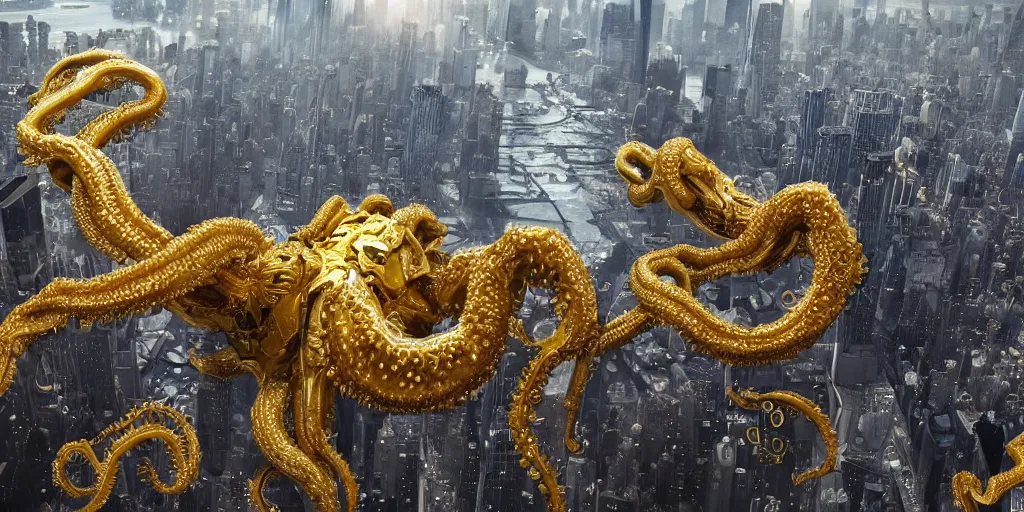 Prompt: a photo of 8 k ultra realistic corrupted lovecraftian golden humanoid queen above new york, 8 intricate white and gold tentacles, ornate white and gold armour, cinematic lighting, trending on artstation, 4 k, hyperrealistic, focused, extreme details, unreal engine 5, cinematic, masterpiece