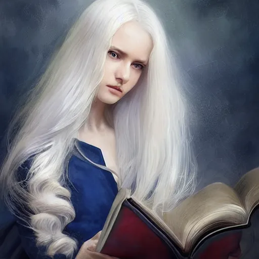 Prompt: a girl reading a book, hair flowing down, 8 k, hyperrealistic, hyperdetailed, white hair, blue eyes, fantasy portrait by laura sava