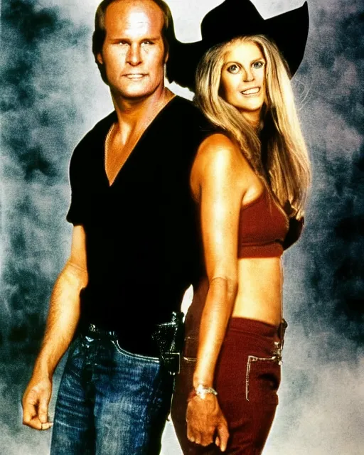 Prompt: Lee Majors as Steve Austin and Lindsay Wagner as Jamie Sommers pose for a studio photograph in the Style of Annie Leibovitz, Color