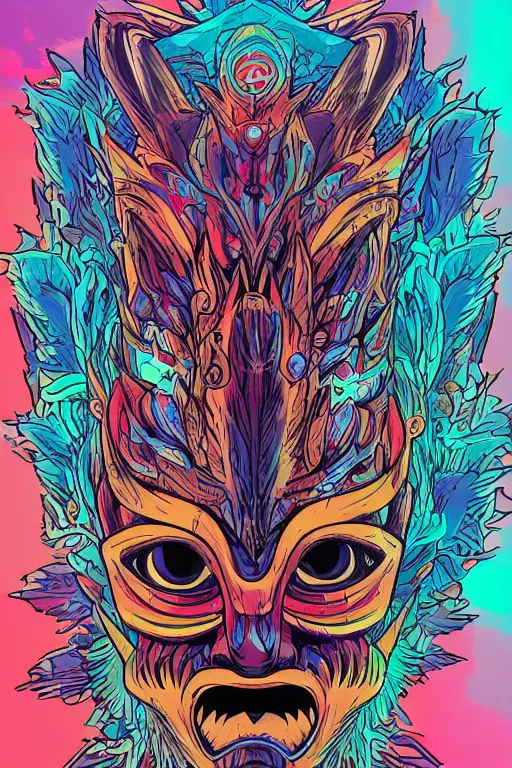 Image similar to totem animal mask tribal feather gemstone plant wood rock shaman vodoo video game vector illustration vivid multicolor borderlands comics by josan gonzales and dan mumford radiating a glowing aura