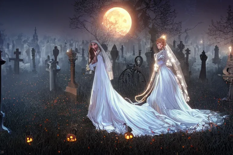 Prompt: an ultra detailed animation of a bride a graveyard at midnight on halloween, digital art, dark fantasy, concept art, soulslike, by alphonse mucha, blood moon eclipse, ruined building in the background, artstation, 8 k, unreal engine render