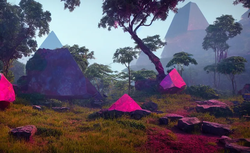 Image similar to a crystal tetrahedron!!! in the middle of ancient ruins in a lush prehistoric jungle, inside a humongous cave, red and magenta flowers, sunset, godrays, orange and blue sky, haze, volumetric lighting, a high - quality render, photorealistic, unreal engine 5