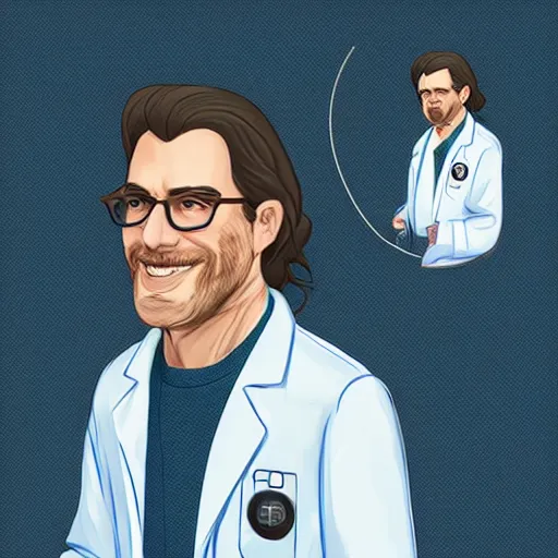 Prompt: A portrait of Rick Sanches wearing a lab coat, digital art, trending on artstation, in the style of Disney