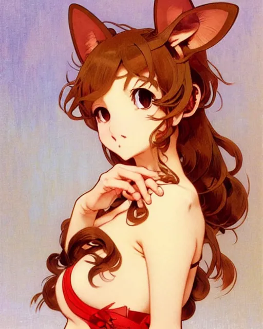 Image similar to A cute frontal fullbody painting of a beautiful anime skinny foxgirl with curly brown colored hair and fox ears on top of her head and tempting eyes wearing a cute red dress looking at the viewer, elegant, delicate, soft lines, higly detailed, smooth , pixiv art, cgsociety, artgem, art by Gil Elvgren alphonse mucha and charles reid, high quality, digital illustration, concept art