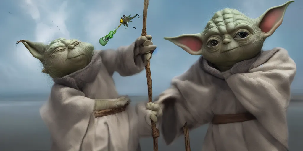 Image similar to Yoda smacking a seagull with a stick, hyperdetailed, artstation, cgsociety, 8k