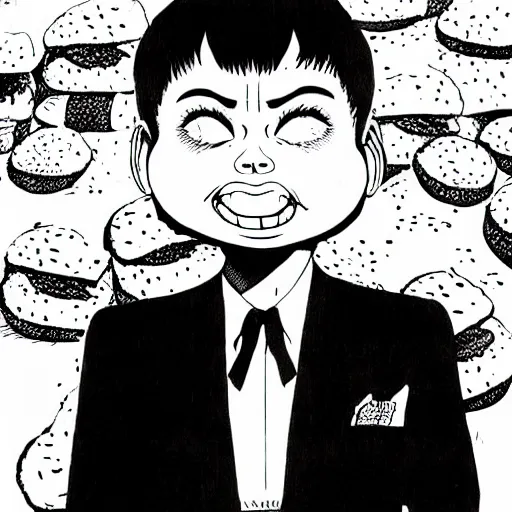 Prompt: man in tux with a giant cheeseburger head highly detailed ink drawing by junji ito