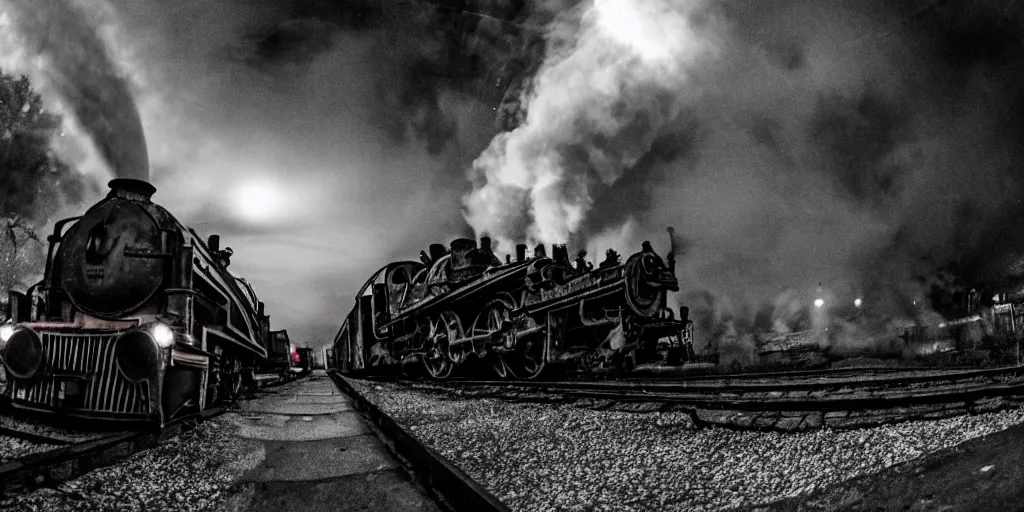 Image similar to fisheye lens slow motion with trail effect of blazing old train with steam locomotive, long exposure shot , at night in the middle of a rainy street, paddle of water, steam, fog, water splashes, rim lights, glossy reflections, water droplets on lens, octane render, dark and dramatic, explosions in the background, detailed and soft, fisheye lens, smooth, sharp focus, illustration, art by artgerm and greg rutkowski and Makoto shinkai