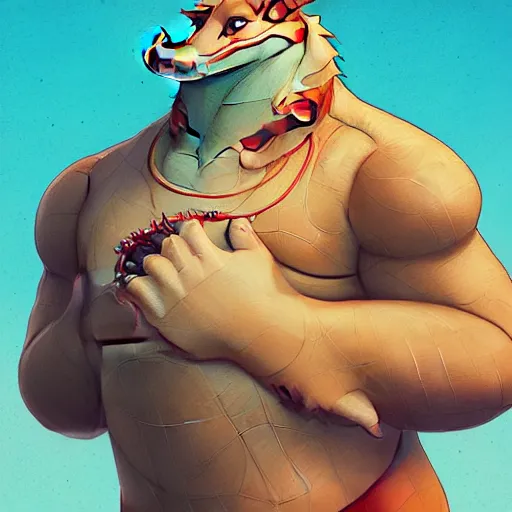 Image similar to in the style of artgerm, loish, and ross tran, anthropomorphic alligator, symmetrical face, symmetrical eyes, red scales on his back, yellow scale on his belly and chest, male, waring a hawaiian shirt, in the style of zootopia