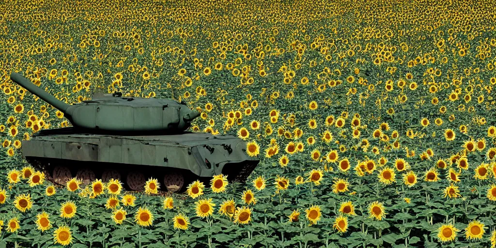 Image similar to russian tank burning in the middle of sunflower field, blue sky