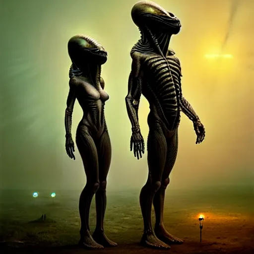 Image similar to alien man with alien woman, full body portraiture, painted by beksinski, 4 k, intricate details, unreal engine, dynamic lighting