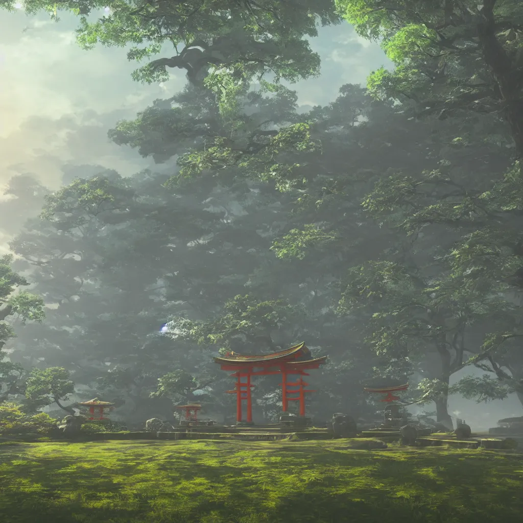 Image similar to Japanese shrine in misty morning, highly detailed, dreamlike!, 3D render, volumetric lighting, digital art, artstation, 8K photography, matte photo-realistic, vivid colors, perspective, by Hayao Ghibli Miyazaki!!!, breath of the wild style