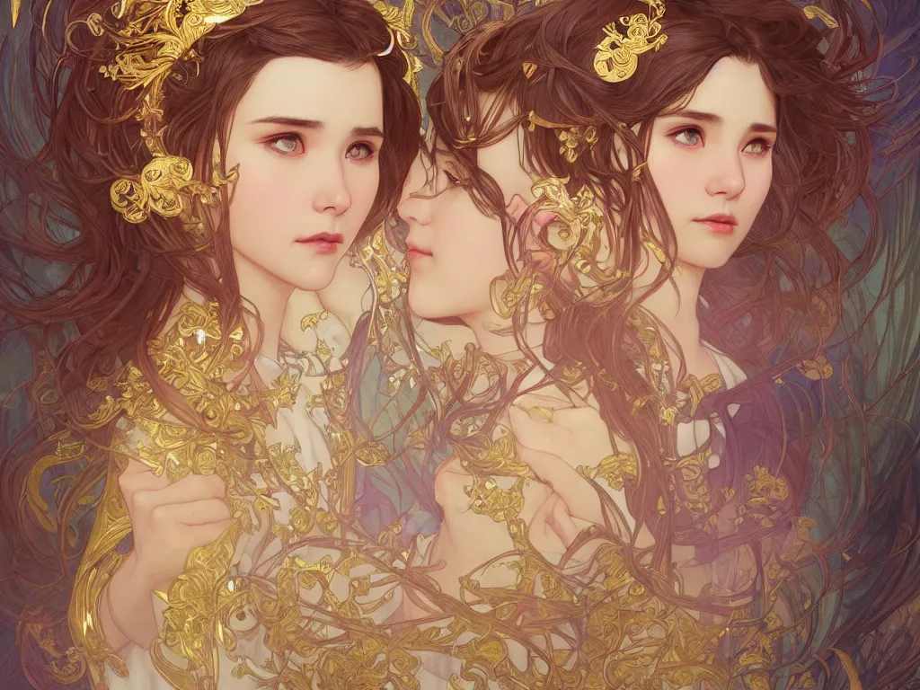 Image similar to iu novel close up cover, highly detailed, gold filigree, romantic storybook fantasy, soft cinematic lighting, award, disney concept art watercolor illustration by mandy jurgens and alphonse mucha and alena aenami, pastel color palette, featured on artstation