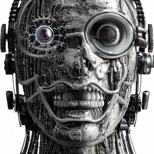 Image similar to very detailed portrait 55mm photo of a mechanical head without skin, with crystal bones and optic fiber nerves, gears in his head and cybernetic enhancements no plating. Packed with cybernetics. Has cameras for eyes. In the forest with bokeh. Ray tracing and tessellation. Very sharp high detailed 8k image