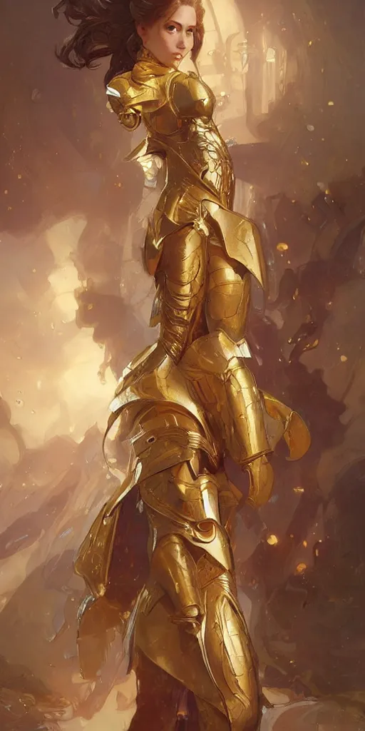 Prompt: a princess wearing a golden armor, full-body shot, digital painting, smooth, elegant, hd, art by WLOP and Artgerm and Greg Rutkowski and Alphonse Mucha