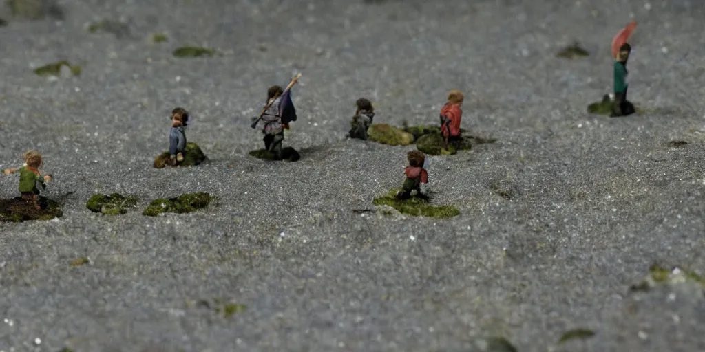 Prompt: small hobbits walk along the seafloor