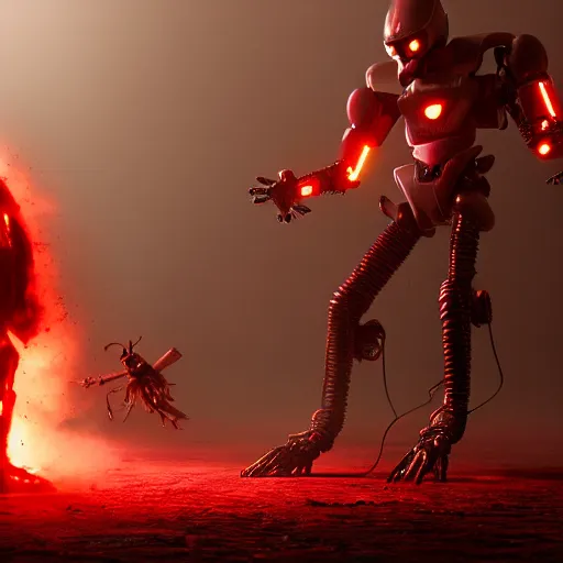 Image similar to apocalyptic, a very strong robot with red enerygies shaking the hand with an mighty alien creature with 5 eyes. smoke. volumetric lighting, sharp focus, ultra detailed, cgsociety - w 1 0 2 4 - n 8 - i