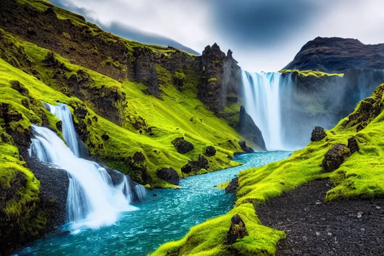 Prompt: far away photo of a landscape with mountains, waterfalls, wallpaper, very very wide shot, blue glacier, iceland, new zeeland, green flush moss, national geographic, award landscape photography, professional landscape photography, sunny, day time, beautiful