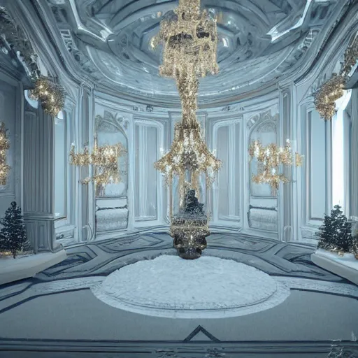 Image similar to luxurious winter palace interior, dark deco sci fi, 8k hd concept art, hyperrealistic, ultra detailed, cinematic, cinematic lighting, featured on artstation, octane render