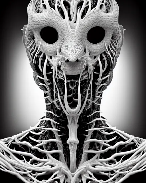 Prompt: a black and white high quality photo of a young beautiful female queen-dragon-cyborg bust with a very long neck and Mandelbrot fractal face, Mandelbrot fractal skin, flesh, anatomical, facial muscles, veins, arteries, elegant, highly detailed, flesh highly baroque ornate, hair are wired cables, elegant, high fashion, rim light, octane render, in the style of H.R. Giger, Louis Daguerre and Man Ray, Realistic, Refined, Digital Art, Highly Detailed, Cinematic Lighting, rim light, black and white, photo-realistic, 8K
