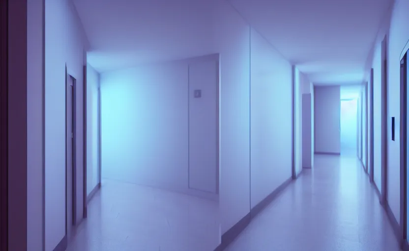 Image similar to an hallway in hospital with soft blue lights in the roof, octane render, artstation trending, highly detailded