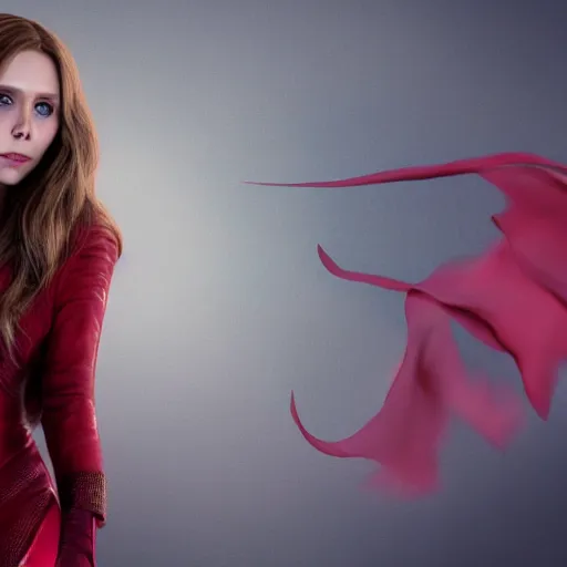 Prompt: Elizabeth Olsen as the Scarlet Witch, Elizabeth Olsen wearing Scarlet Witch attire and makeup, photorealistic imagery, trending on artstation, 4k, 8k