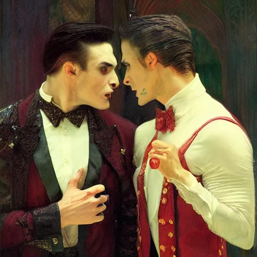 Image similar to attractive male, arthur pendragon confesses his love to attractive male dracula the vampire. highly detailed painting by gaston bussiere, craig mullins, j. c. leyendecker 8 k