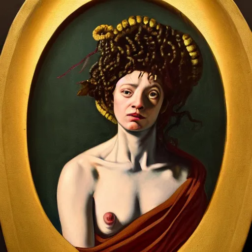 Image similar to Marjorie Taylor Greene painted as Medusa by Caravaggio