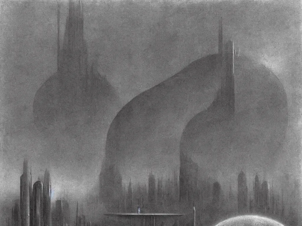 Prompt: Alien brutalist metropolis on the surface of the sun. Painting by Alfred Kubin, Roger Dean