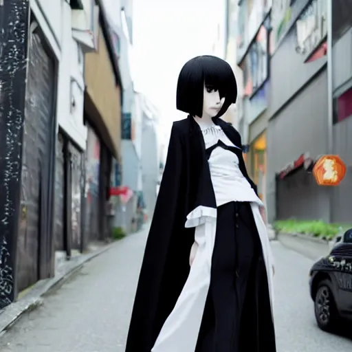 Image similar to 1 7 - year - old anime goth girl, black hair, long bob cut, long bangs, gothic coat, holding, shibuya street, blue sunshine, strong lighting, strong shadows, vivid hues, raytracing, sharp details, subsurface scattering, intricate details, hd anime, very - high - budget anime movie, 2 0 2 1 anime