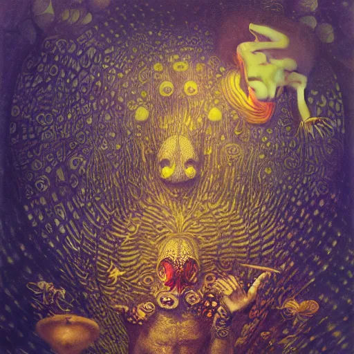 Image similar to wetplate photography of yellow jester playing mystical tunes underwater with one wing hungry souls around by Klimt, Artificial Nightmares drawn by Peter Mohrbacher, Zdzisław Beksiński and thu berchs James Gurney unreal engine octane, Trending on artstation.