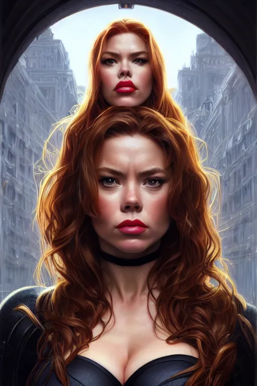 Image similar to sofia vergara as black widow, realistic portrait, symmetrical, highly detailed, digital painting, artstation, concept art, smooth, sharp focus, illustration, cinematic lighting, some reflexions, natural autumn sunlights, art by artgerm and greg rutkowski and alphonse mucha