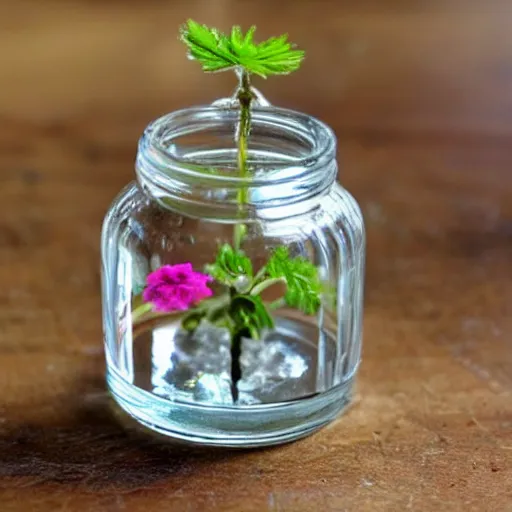 Prompt: a small flower inside a glass jar.