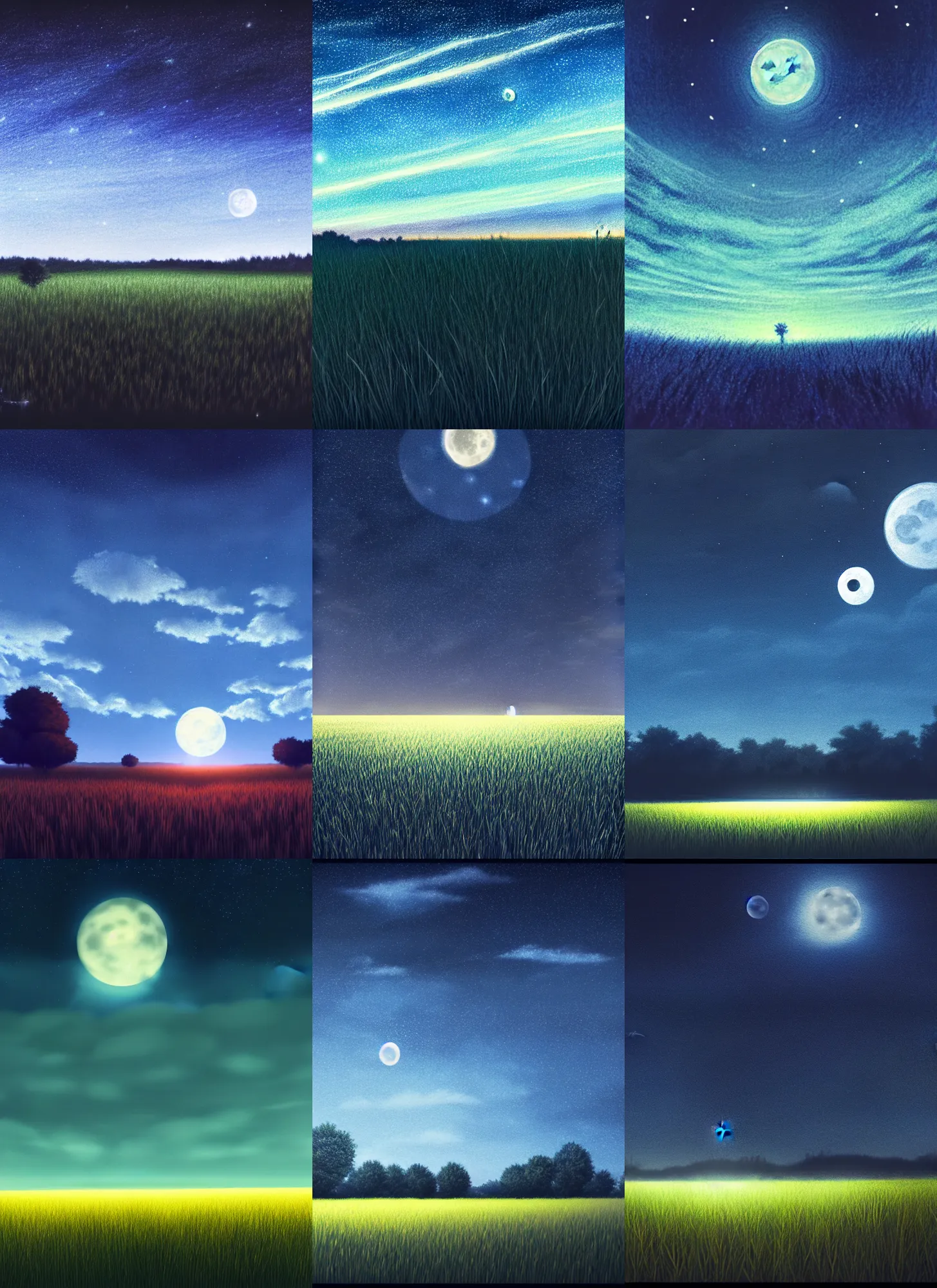 Prompt: a field at night, night time, moonlight, dark blue sky, finely illustrated, highly detailed, colored pencil, good value control, good edge control, anime, animation, octane render, 8 k