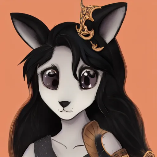 Prompt: 3/4 headshot of young female furry, D&D, cute, fantasy, intricate, long hair, dark grey skin, mouse face, mouse nose, mouse head, mouse ears, black hair, elegant, highly detailed, cartoony, artstation, concept art, smooth, sharp focus, illustration, art by Diives