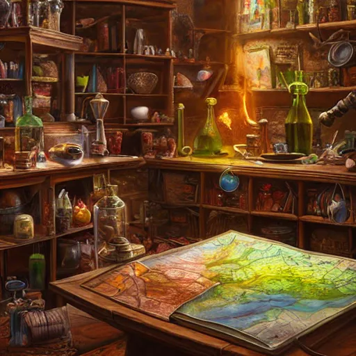 Prompt: hyper real, table, map, wizards laboratory, tony sart, mortar, pestle, scales, energy flowing, magic book, beakers of colored liquid