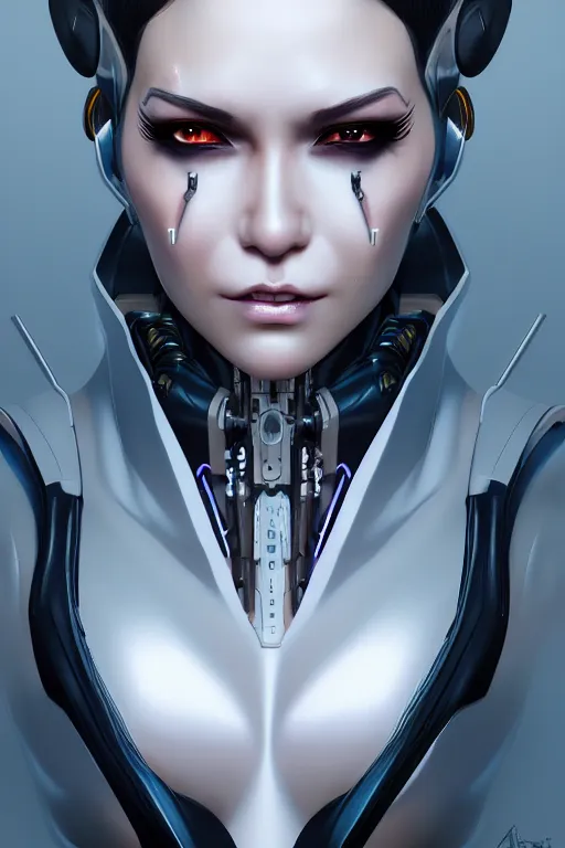 Image similar to portrait of a cyberpunk woman with biomechanichal parts by Artgerm, cyberpunk city, hyper detailled, trending on artstation