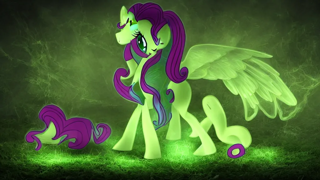 Prompt: 3D Fluttershy from My Little Pony as a necromancer, standing over a dead pony, bright green swirls coming up around her, glowing aura, pitch black background, dramatic and colorful lighting, she is surrounded by green chibi glowing skulls, smoke all around, unrealengine, 4k, HDR, side angle, body lying on the ground