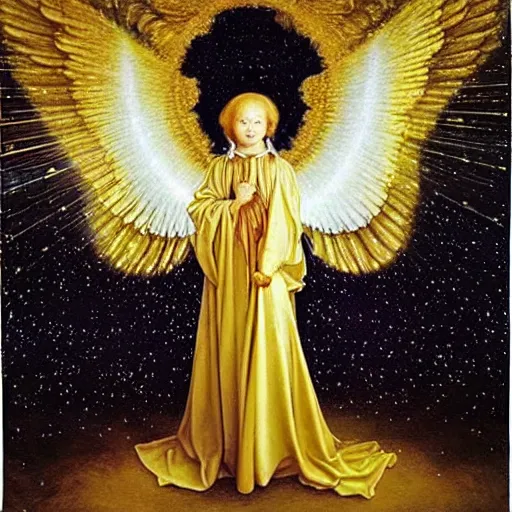 Prompt: highdetailed hyperrealistic painting of white angel!!! no gender!!!, giant ball of miracle light from the chest!!!!!, white sparkles everywhere, lot of fire and stars overhead!!!, by jan van eyck, holography space, glow effect, large strokes, soft and clean, bright white color