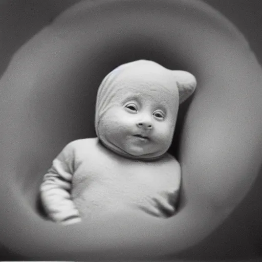 Image similar to colorized echography of a fetus teletubbie watching TV in his mother’s womb