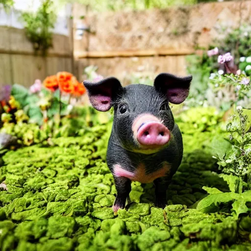 Image similar to a miniature pig wearing a sunhat!!! garden! hyper realistic!! realistic lighting!! wildlife photograph of the year!!! bold natural colors, national geographic, hd, wide angle, 8 k