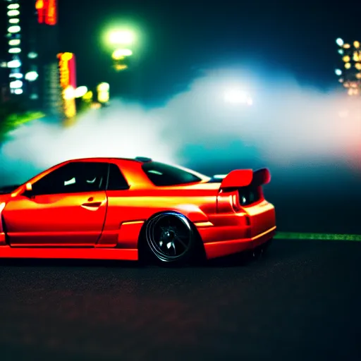 Image similar to a car GTR drift at illegal car meet, Chiba prefecture, city midnight mist lights, cinematic color, photorealistic, highly detailed, 50MM