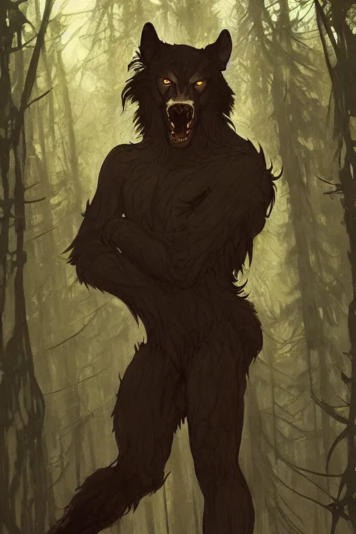 Image similar to fullbody portrait of a male werewolf, bared teeth, long claws, by greg rutkowski and alphonse mucha, gradient brown to silver, in front of a forest at night background, highly detailed portrait, digital painting, artstation, concept art, smooth, sharp focus illustration