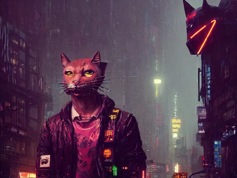 Image similar to new york city portrait of furry anthro anthropomorphic cat head animal person fursona wearing clothes strange cybernetic muzzle gloomy rainy screenshot from the video game cyberpunk 2077 digital art by Greg Rutkowski, Simon Stalenhag, christopher nolan trending on Artstation, CGSociety