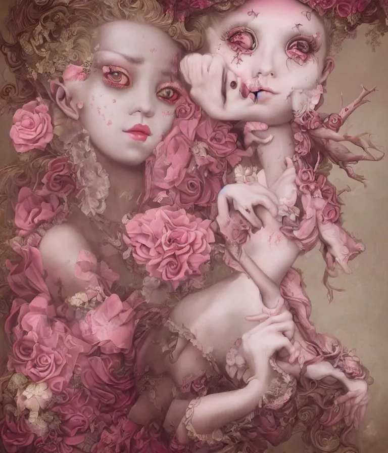 Image similar to pop surrealism, lowbrow art, realistic marie antoinette girl painting, pink body harness, hyper realism, muted colours, rococo, natalie shau, loreta lux, tom bagshaw, mark ryden, trevor brown style