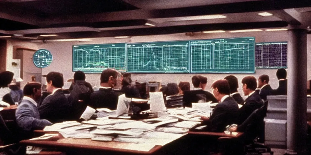 Prompt: colorful muted film still of a wall street board room, ridley scott, crazy fearful atmosphere, bankers crying, stock market crash symbols on the wall, 1 9 8 0 s science fiction, dark science fiction movie