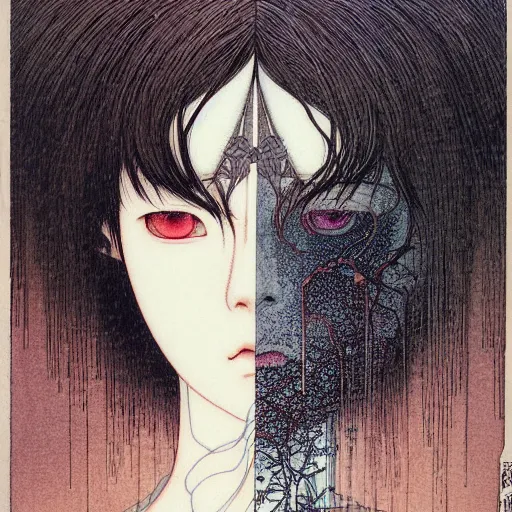 Image similar to prompt: Fragile looking soft light portrait face drawn by Takato Yamamoto and Katsuhiro Otomo, inspired by Ghost in Shell anime, magical and alchemical objects on the side, soft light, monochrome background, intricate detail, intricate ink painting detail, sharp high detail, manga and anime 2000