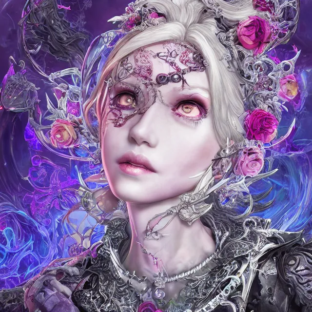 Image similar to the portrait of chaotic evil sensual female necromancer overlord as absurdly beautiful, gorgeous, elegant, corrupted young idol, an ultrafine hyperdetailed illustration by kim jung gi, irakli nadar, intricate linework, bright colors, octopath traveler, final fantasy, unreal engine 5 highly rendered, global illumination, radiant light, detailed and intricate environment