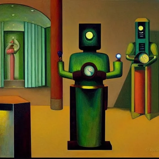 Image similar to robot druids in a grandiose atrium, grant wood, pj crook, edward hopper, oil on canvas